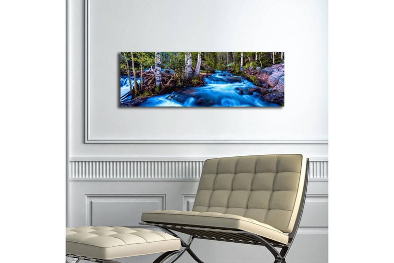 Lerretsbilde med LED-belysning 30x90 cm - Rennende vann i et naturskjønt miljø med trær rundt - Blå / Grønn / Brun - Innredning - Bilder & kunst - Lerretsbilder