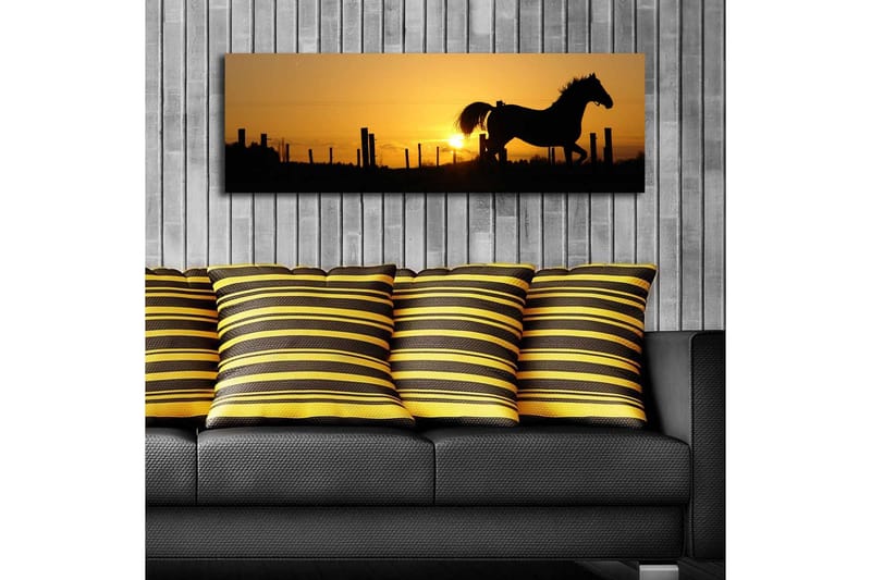 Lerretsbilde med LED-belysning 30x90 cm - Silhuett av en hest som galopperer ved solnedgang - Mørk brun / Oransje / Gul - Innredning - Bilder & kunst - Lerretsbilder