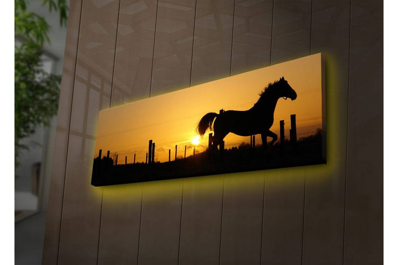 Lerretsbilde med LED-belysning 30x90 cm - Silhuett av en hest som galopperer ved solnedgang - Mørk brun / Oransje / Gul - Innredning - Bilder & kunst - Lerretsbilder