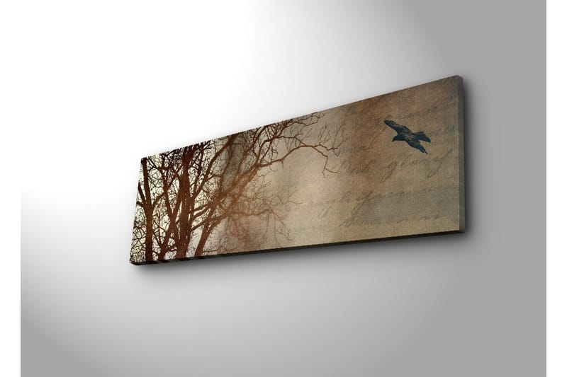 Lerretsbilde med LED-belysning 30x90 cm - Silhuett av et tre med en fugl i flukt mot en mykt tonet bakgrunn - Mørk brun / Beige / Svart - Innredning - Bilder & kunst - Lerretsbilder