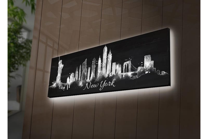 Lerretsbilde med LED-belysning 30x90 cm - Silhuett av New Yorks skyline med ikoniske bygninger, Svart / Hvit