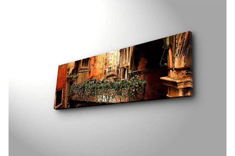 Lerretsbilde med LED-belysning 30x90 cm - Sjarmerende balkong med blomster i en venetiansk bakgate - Terrakotta / Grønn / Rosa - Innredning - Bilder & kunst - Lerretsbilder