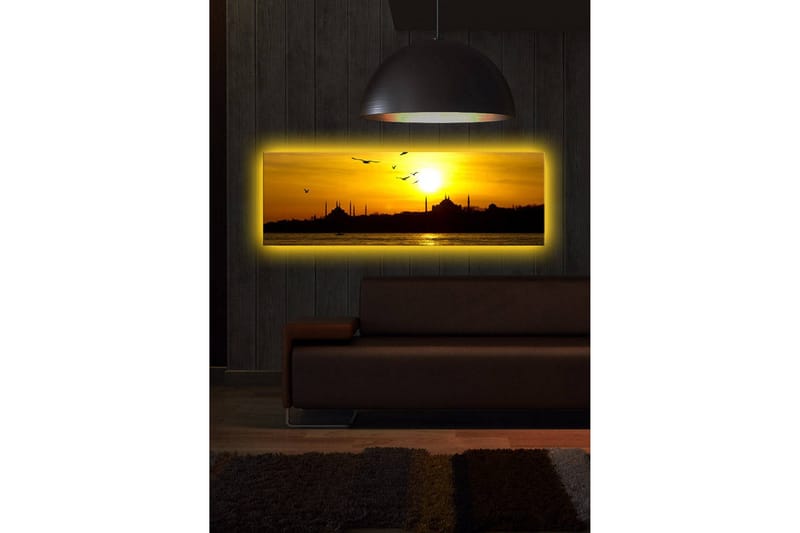Lerretsbilde med LED-belysning 30x90 cm - Solnedgang over en bysilhuett med fugler i flukt - Gull / Svart / Oransje - Innredning - Bilder & kunst - Lerretsbilder