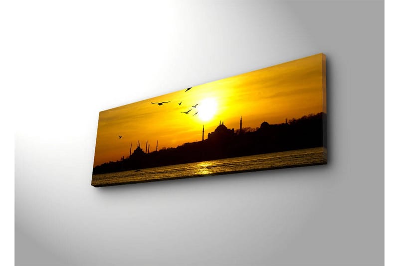 Lerretsbilde med LED-belysning 30x90 cm - Solnedgang over en bysilhuett med fugler i flukt - Gull / Svart / Oransje - Innredning - Bilder & kunst - Lerretsbilder