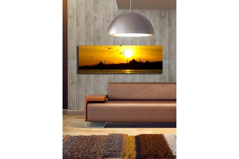 Lerretsbilde med LED-belysning 30x90 cm - Solnedgang over en bysilhuett med fugler i flukt - Gull / Svart / Oransje - Innredning - Bilder & kunst - Lerretsbilder
