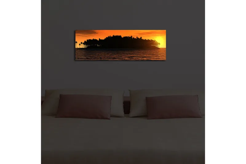 Lerretsbilde med LED-belysning 30x90 cm - Solnedgang over en tropisk øy med palmer - Oransje / Svart / Gull - Innredning - Bilder & kunst - Lerretsbilder