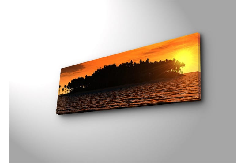 Lerretsbilde med LED-belysning 30x90 cm - Solnedgang over en tropisk øy med palmer - Oransje / Svart / Gull - Innredning - Bilder & kunst - Lerretsbilder