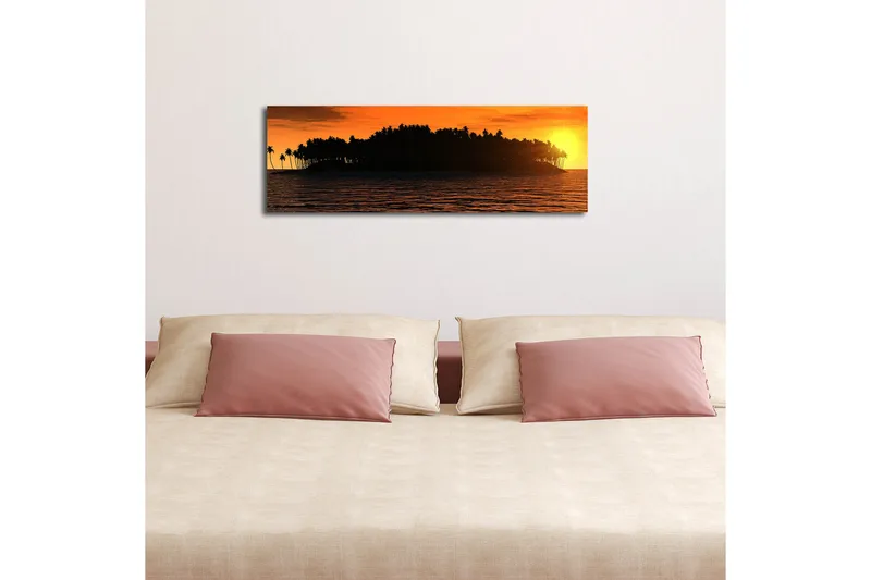 Lerretsbilde med LED-belysning 30x90 cm - Solnedgang over en tropisk øy med palmer - Oransje / Svart / Gull - Innredning - Bilder & kunst - Lerretsbilder