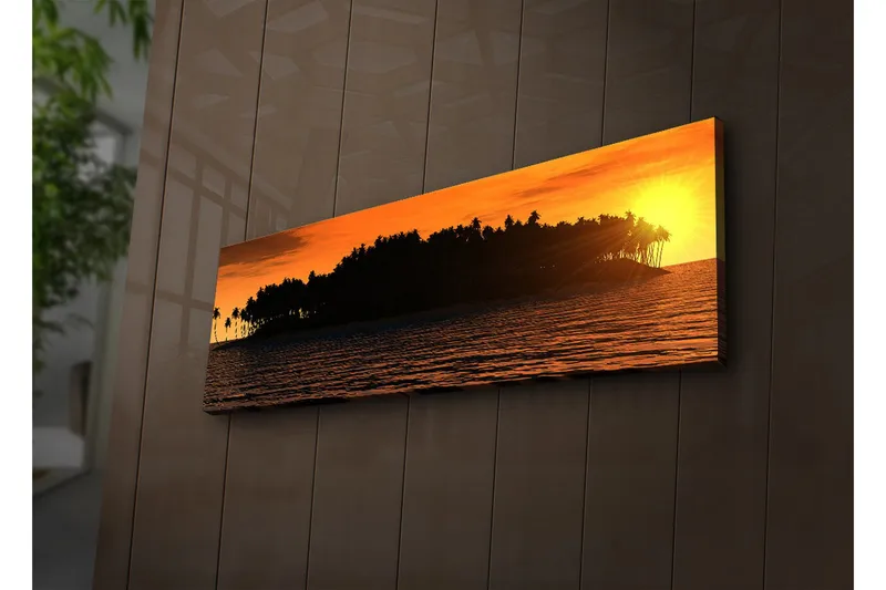 Lerretsbilde med LED-belysning 30x90 cm - Solnedgang over en tropisk øy med palmer - Oransje / Svart / Gull - Innredning - Bilder & kunst - Lerretsbilder