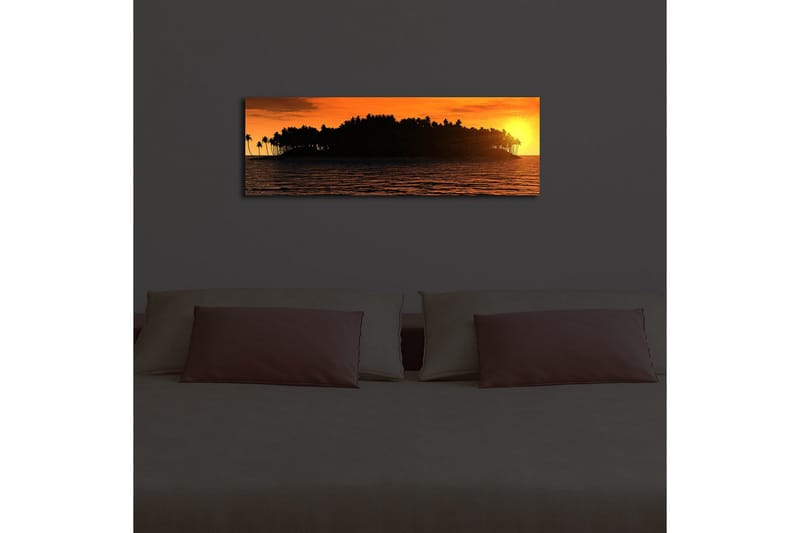 Lerretsbilde med LED-belysning 30x90 cm - Solnedgang over en tropisk øy med palmer - Oransje / Svart / Gull - Innredning - Bilder & kunst - Lerretsbilder