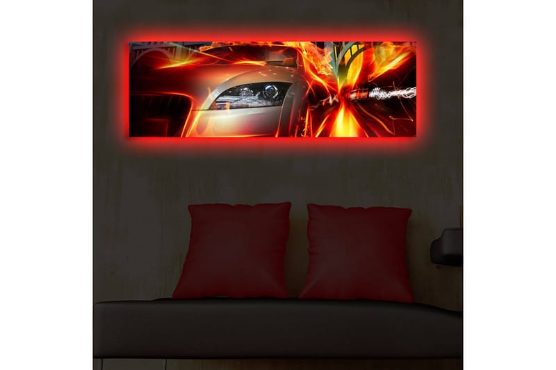 Lerretsbilde med LED-belysning 30x90 cm - Sportsbil i bevegelse med dynamiske lyseffekter - Rød / Oransje / Svart - Innredning - Bilder & kunst - Lerretsbilder
