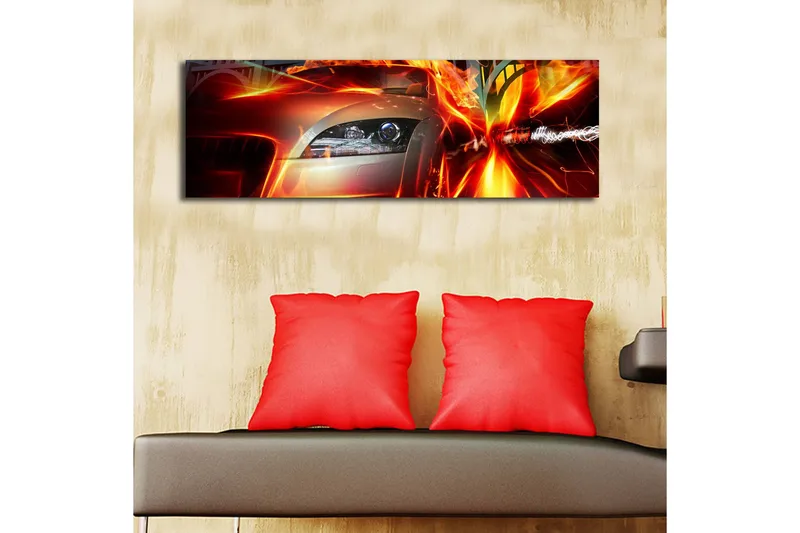 Lerretsbilde med LED-belysning 30x90 cm - Sportsbil i bevegelse med dynamiske lyseffekter - Rød / Oransje / Svart - Innredning - Bilder & kunst - Lerretsbilder