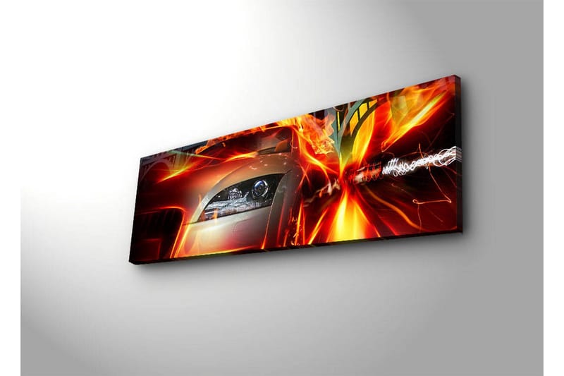 Lerretsbilde med LED-belysning 30x90 cm - Sportsbil i bevegelse med dynamiske lyseffekter - Rød / Oransje / Svart - Innredning - Bilder & kunst - Lerretsbilder