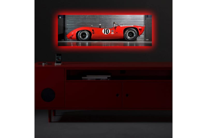 Lerretsbilde med LED-belysning 30x90 cm - Sportsbil i rødt med nummer 10 på siden - Rød / Svart - Innredning - Bilder & kunst - Lerretsbilder