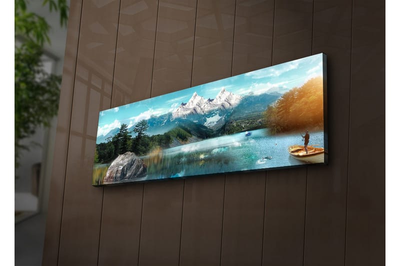 Lerretsbilde med LED-belysning 30x90 cm - Storslått fjellandskap med en fisker i en båt på en speilblank innsjø, Blå / Grønn / Hvit