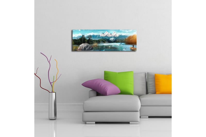 Lerretsbilde med LED-belysning 30x90 cm - Storslått fjellandskap med en fisker i en båt på en speilblank innsjø - Blå / Grønn / Hvit - Innredning - Bilder & kunst - Lerretsbilder