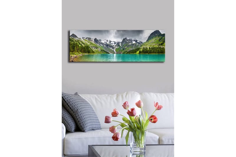 Lerretsbilde med LED-belysning 30x90 cm - Storslått fjellandskap med en glitrende innsjø - Turkis / Grønn / Grå - Innredning - Bilder & kunst - Lerretsbilder