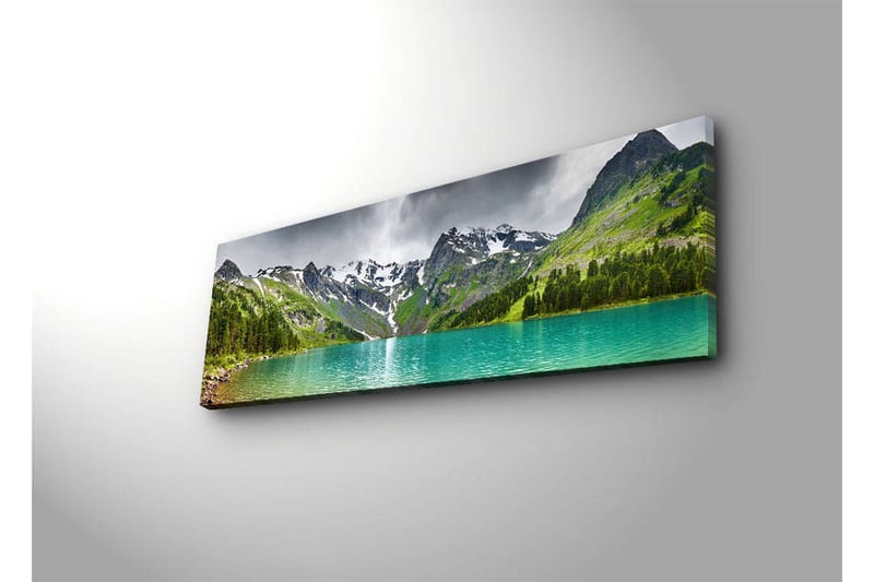 Lerretsbilde med LED-belysning 30x90 cm - Storslått fjellandskap med en glitrende innsjø - Turkis / Grønn / Grå - Innredning - Bilder & kunst - Lerretsbilder