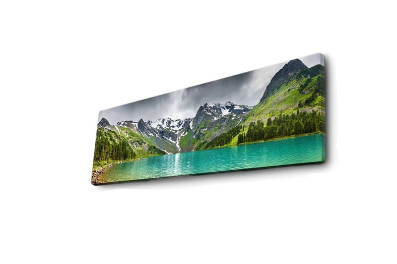 Lerretsbilde med LED-belysning 30x90 cm - Storslått fjellandskap med en glitrende innsjø - Turkis / Grønn / Grå - Innredning - Bilder & kunst - Lerretsbilder