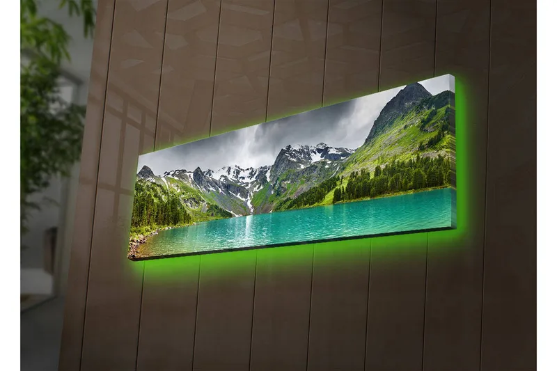 Lerretsbilde med LED-belysning 30x90 cm - Storslått fjellandskap med en glitrende innsjø, Turkis / Grønn / Grå