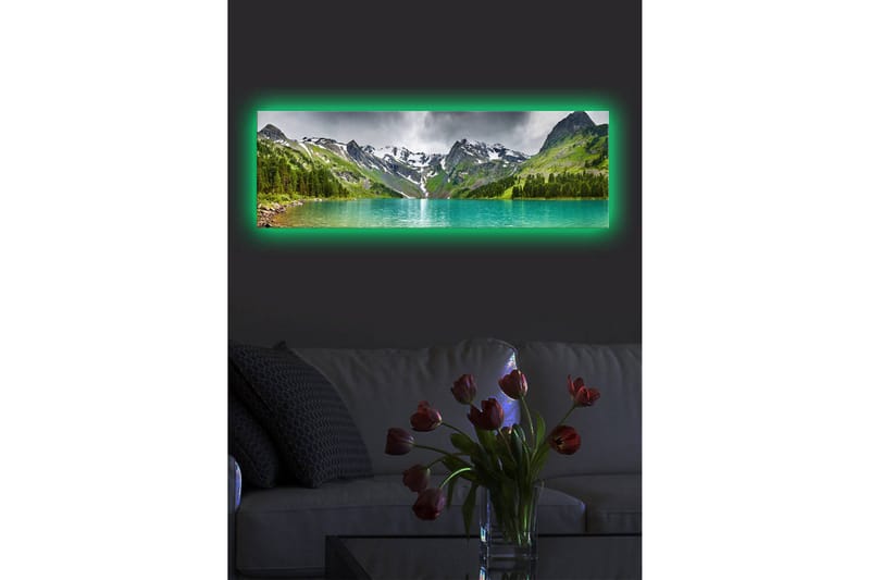 Lerretsbilde med LED-belysning 30x90 cm - Storslått fjellandskap med en glitrende innsjø - Turkis / Grønn / Grå - Innredning - Bilder & kunst - Lerretsbilder