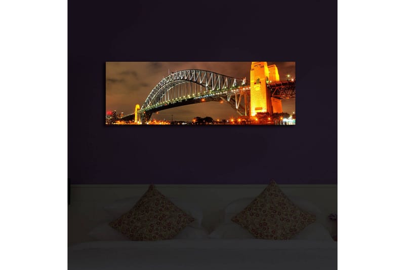 Lerretsbilde med LED-belysning 30x90 cm - Sydney Harbour Bridge i kveldslys - Gull / Grønn / Svart - Innredning - Bilder & kunst - Lerretsbilder