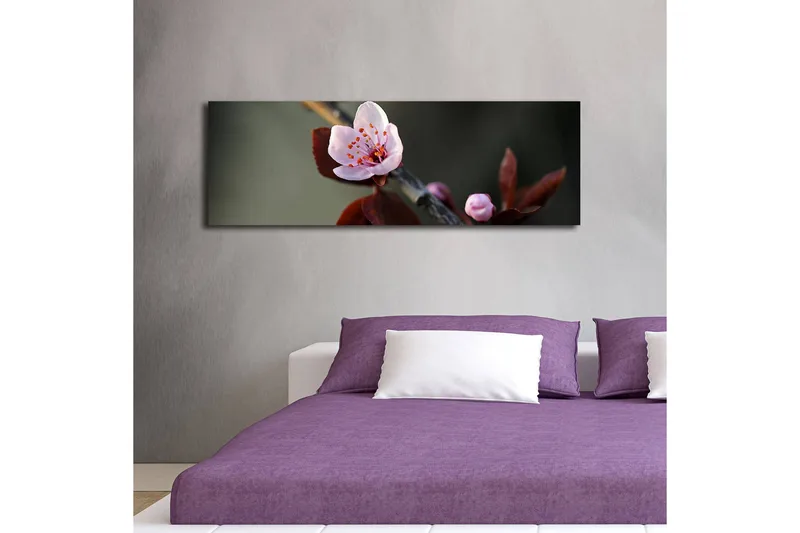 Lerretsbilde med LED-belysning 30x90 cm - Vakker blomst med rosa kronblader og mørkegrønne blader - Rosa / Mørkegrønn - Innredning - Bilder & kunst - Lerretsbilder