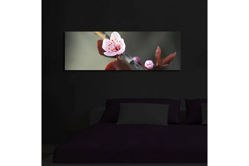 Lerretsbilde med LED-belysning 30x90 cm - Vakker blomst med rosa kronblader og mørkegrønne blader - Rosa / Mørkegrønn - Innredning - Bilder & kunst - Lerretsbilder