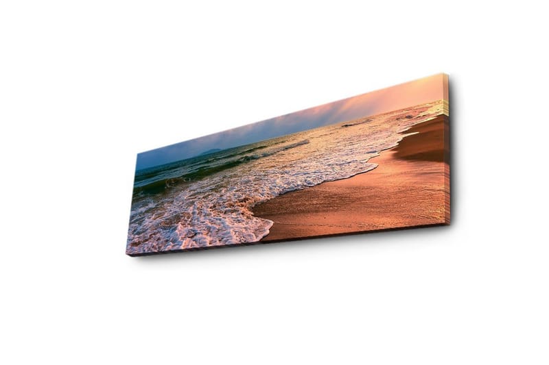 Lerretsbilde med LED-belysning 30x90 cm - Vakker strand med solnedgang og myke bølger - Blå / Oransje / Beige - Innredning - Bilder & kunst - Lerretsbilder