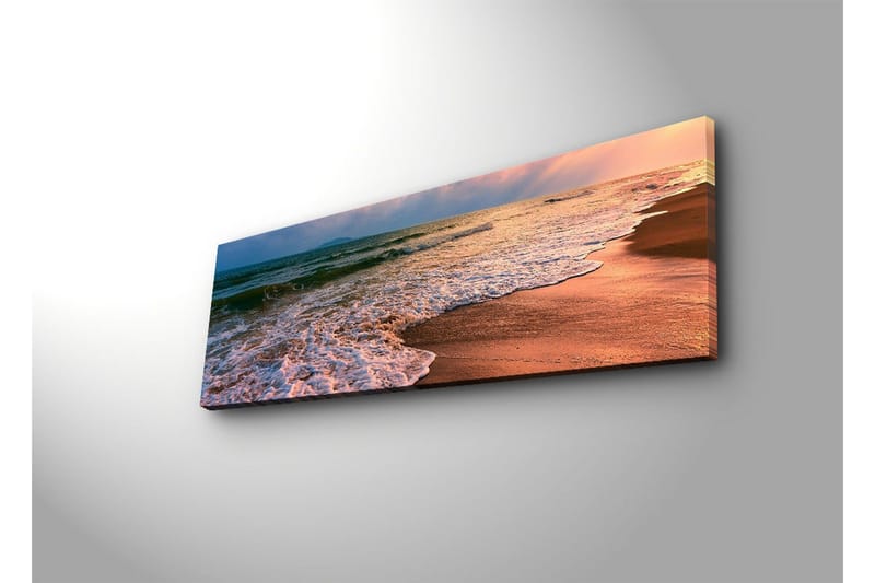 Lerretsbilde med LED-belysning 30x90 cm - Vakker strand med solnedgang og myke bølger - Blå / Oransje / Beige - Innredning - Bilder & kunst - Lerretsbilder