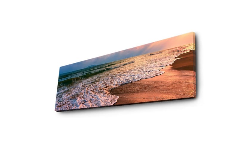 Lerretsbilde med LED-belysning 30x90 cm - Vakker strand med solnedgang og myke bølger - Blå / Oransje / Beige - Innredning - Bilder & kunst - Lerretsbilder