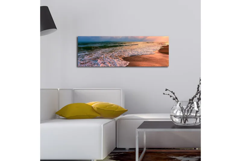 Lerretsbilde med LED-belysning 30x90 cm - Vakker strand med solnedgang og myke bølger - Blå / Oransje / Beige - Innredning - Bilder & kunst - Lerretsbilder