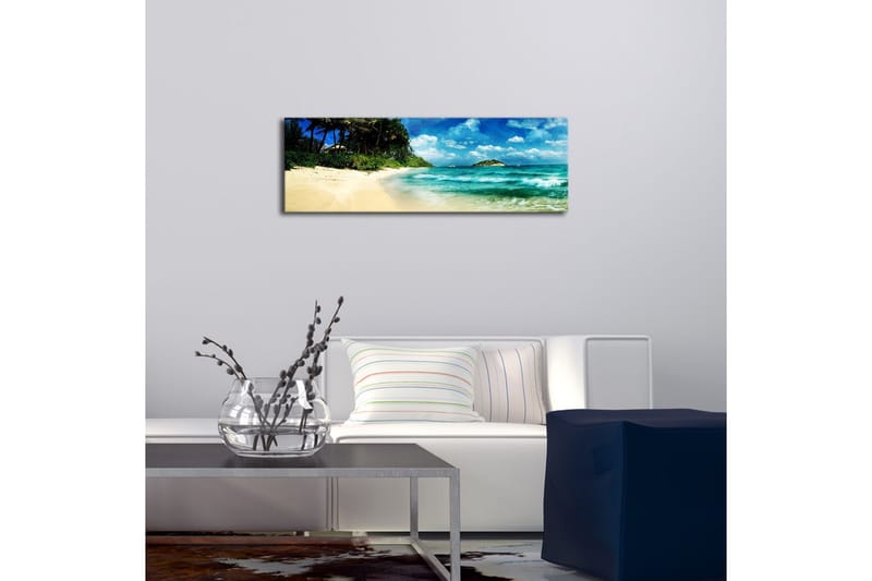 Lerretsbilde med LED-belysning 30x90 cm - Vakker strand med turkis vann og palmer - Turkis / Beige / Blå - Innredning - Bilder & kunst - Lerretsbilder