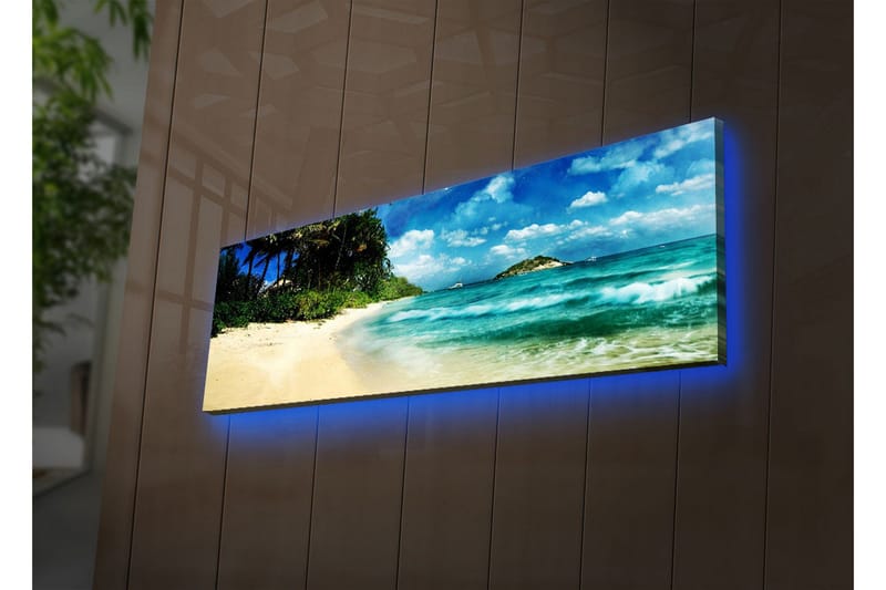Lerretsbilde med LED-belysning 30x90 cm - Vakker strand med turkis vann og palmer, Turkis / Beige / Blå