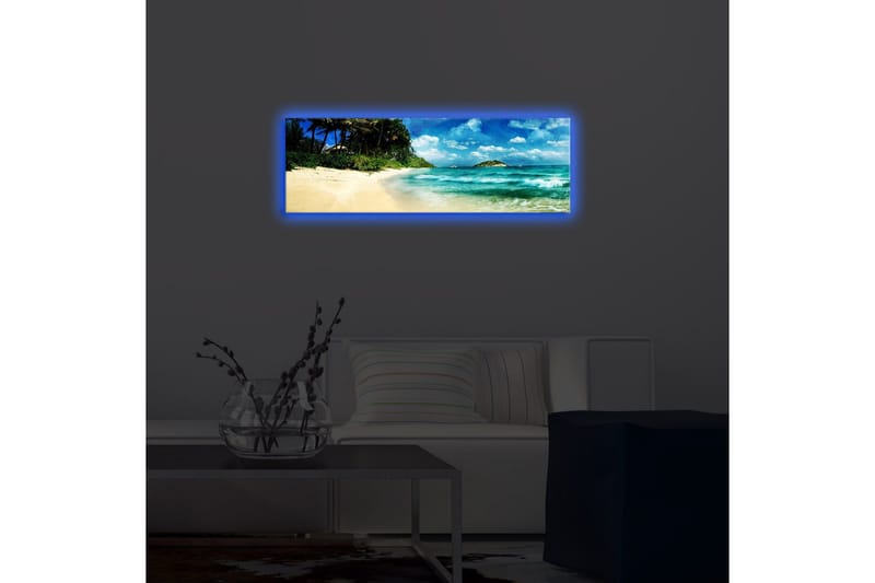 Lerretsbilde med LED-belysning 30x90 cm - Vakker strand med turkis vann og palmer - Turkis / Beige / Blå - Innredning - Bilder & kunst - Lerretsbilder