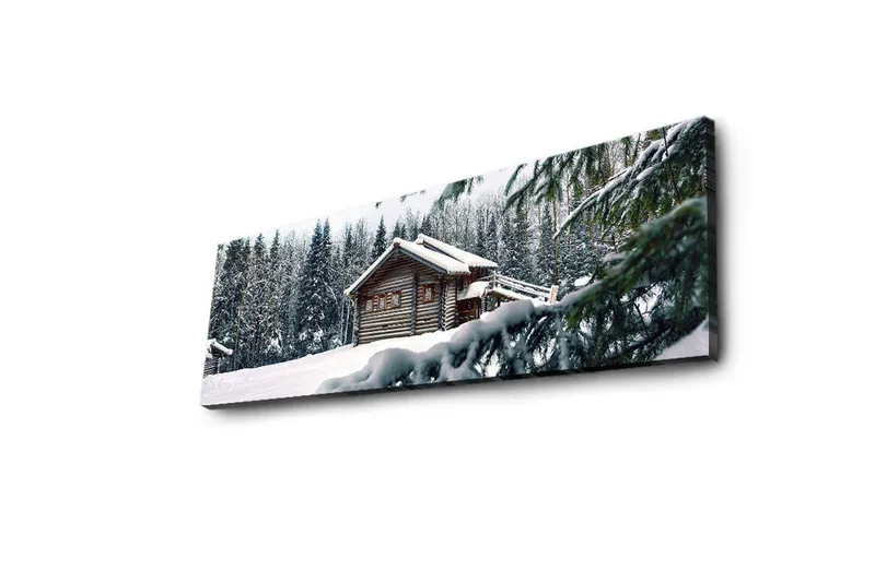 Lerretsbilde med LED-belysning 30x90 cm - Vinterlandskap med hytte omgitt av snø og grantrær - Hvit / Grønn / Brun - Innredning - Bilder & kunst - Lerretsbilder
