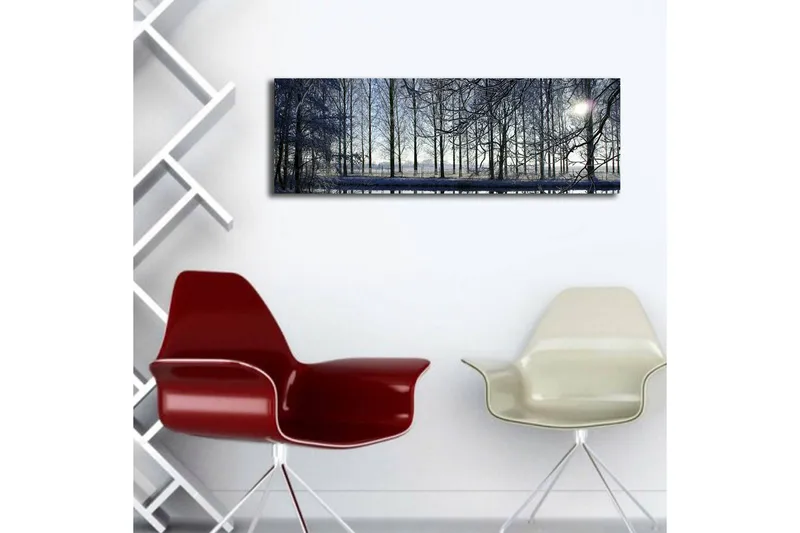 Lerretsbilde med LED-belysning 30x90 cm - Vinterlandskap med snødekte trær og en svak solstråle - Blå / Hvit / Grå - Innredning - Bilder & kunst - Lerretsbilder