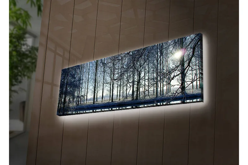Lerretsbilde med LED-belysning 30x90 cm - Vinterlandskap med snødekte trær og en svak solstråle, Blå / Hvit / Grå