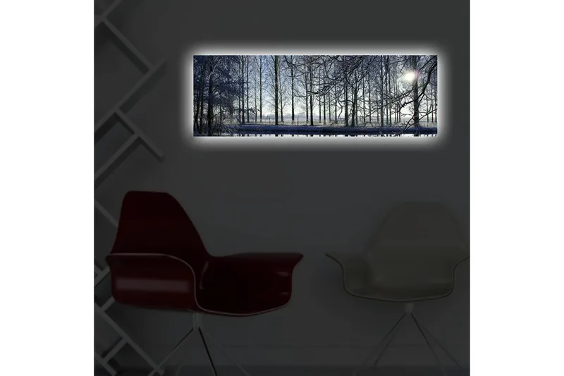 Lerretsbilde med LED-belysning 30x90 cm - Vinterlandskap med snødekte trær og en svak solstråle - Blå / Hvit / Grå - Innredning - Bilder & kunst - Lerretsbilder