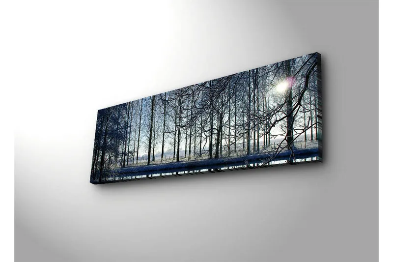 Lerretsbilde med LED-belysning 30x90 cm - Vinterlandskap med snødekte trær og en svak solstråle - Blå / Hvit / Grå - Innredning - Bilder & kunst - Lerretsbilder