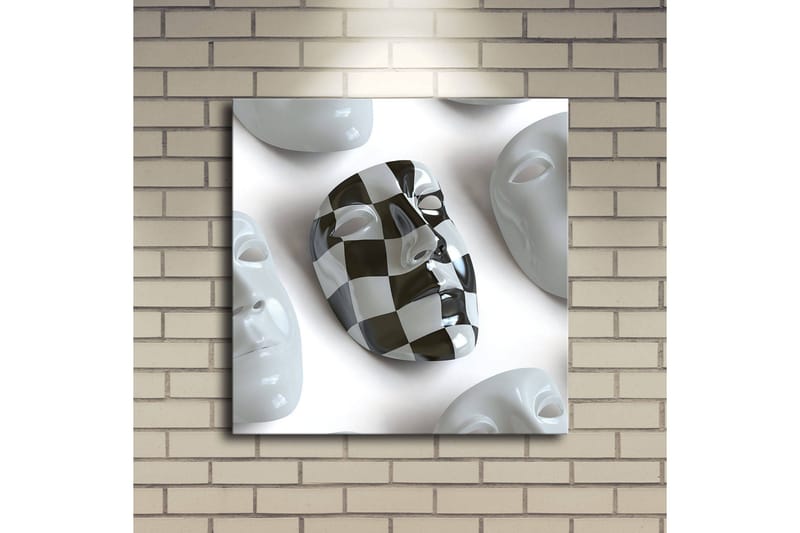 Lerretsbilde med LED-belysning 40x40 cm - Abstrakt komposisjon med ansiktsmasker i hvitt og svart - Hvit / Svart - Innredning - Bilder & kunst - Lerretsbilder