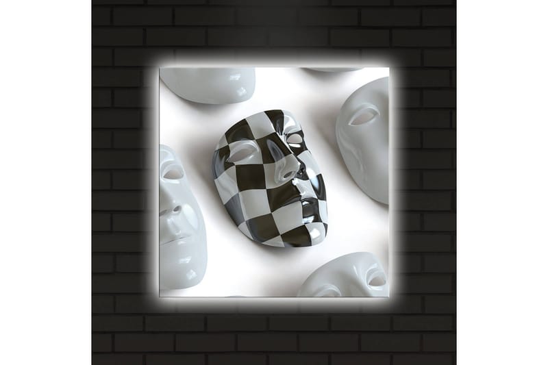 Lerretsbilde med LED-belysning 40x40 cm - Abstrakt komposisjon med ansiktsmasker i hvitt og svart - Hvit / Svart - Innredning - Bilder & kunst - Lerretsbilder