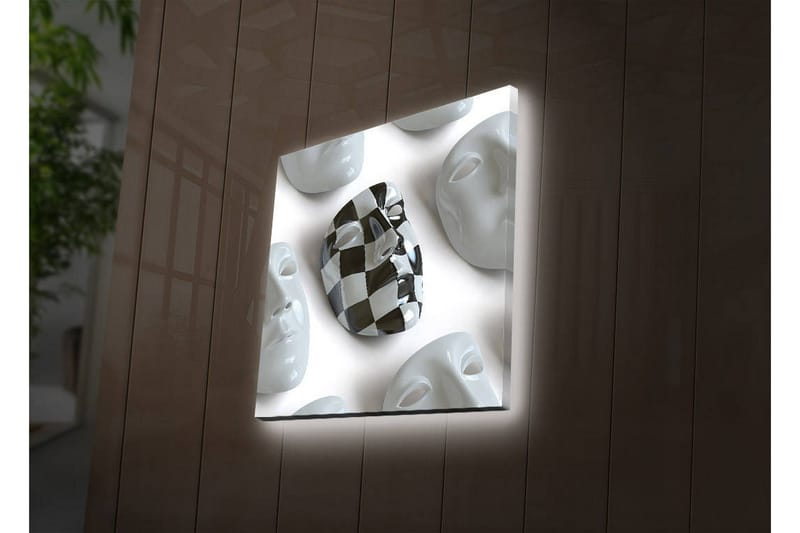 Lerretsbilde med LED-belysning 40x40 cm - Abstrakt komposisjon med ansiktsmasker i hvitt og svart - Hvit / Svart - Innredning - Bilder & kunst - Lerretsbilder