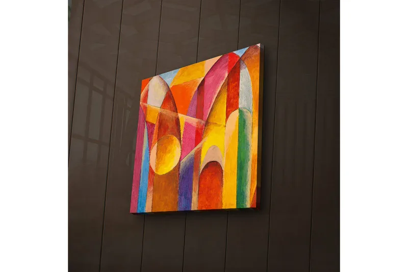 Lerretsbilde med LED-belysning 40x40 cm - Abstrakt komposisjon med fargerike geometriske former - Rød / Oransje / Gul - Innredning - Bilder & kunst - Lerretsbilder