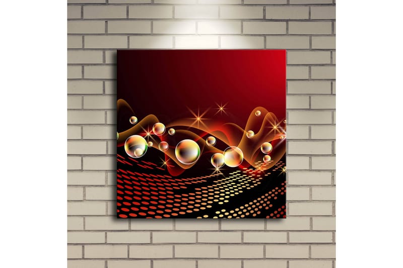 Lerretsbilde med LED-belysning 40x40 cm - Abstrakt komposisjon med flytende former og skinnende bobler - Rød / Svart / Gull - Innredning - Bilder & kunst - Lerretsbilder
