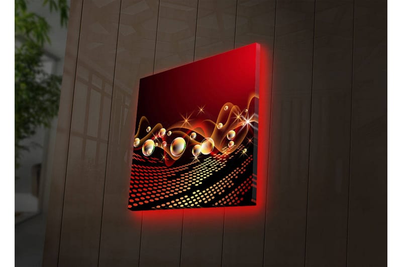 Lerretsbilde med LED-belysning 40x40 cm - Abstrakt komposisjon med flytende former og skinnende bobler - Rød / Svart / Gull - Innredning - Bilder & kunst - Lerretsbilder