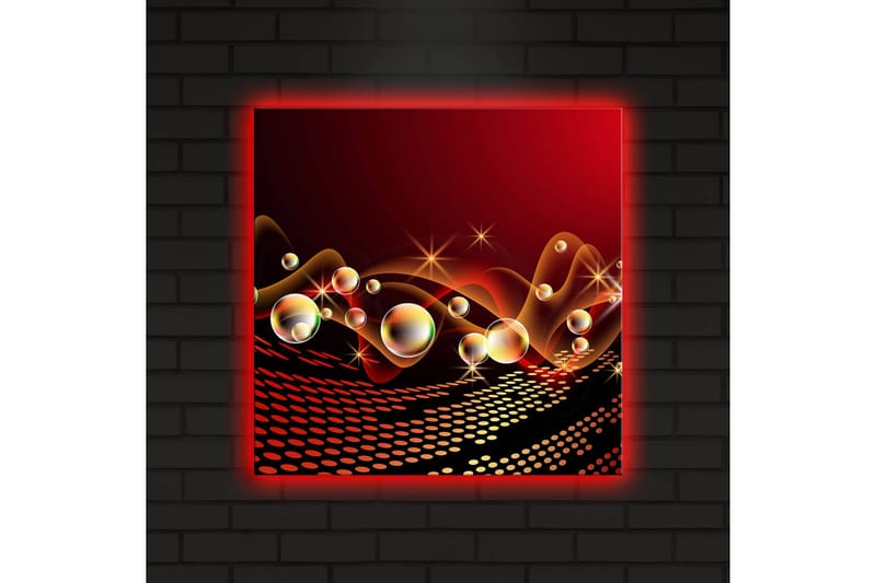 Lerretsbilde med LED-belysning 40x40 cm - Abstrakt komposisjon med flytende former og skinnende bobler - Rød / Svart / Gull - Innredning - Bilder & kunst - Lerretsbilder