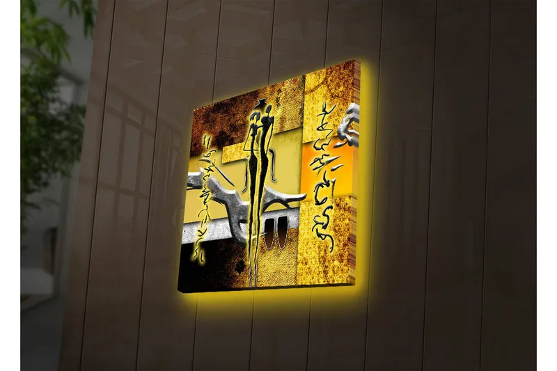 Lerretsbilde med LED-belysning 40x40 cm - Abstrakt komposisjon med menneskefigurer og håndformer - Gull / Svart / Grå - Innredning - Bilder & kunst - Lerretsbilder