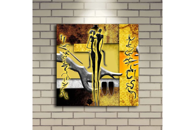 Lerretsbilde med LED-belysning 40x40 cm - Abstrakt komposisjon med menneskefigurer og håndformer - Gull / Svart / Grå - Innredning - Bilder & kunst - Lerretsbilder