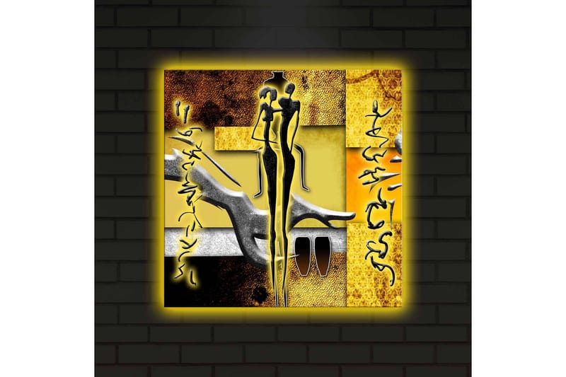 Lerretsbilde med LED-belysning 40x40 cm - Abstrakt komposisjon med menneskefigurer og håndformer - Gull / Svart / Grå - Innredning - Bilder & kunst - Lerretsbilder